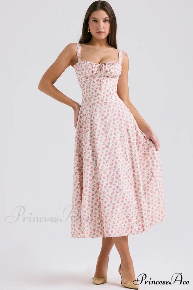 Carmen Elegant Bustier Sundress XS / White Rosebud Print
