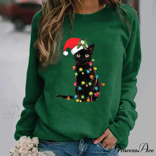 Cartoon Red Hat Black Cat Casual Long-Sleeved Crewneck Christmas Hoodie Green / S Christmas Hoodies-L