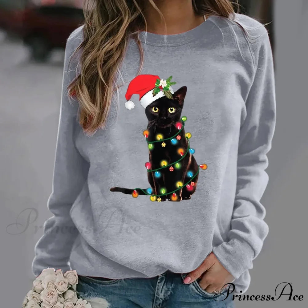 Cartoon Red Hat Black Cat Casual Long-Sleeved Crewneck Christmas Hoodie Grey / S Christmas Hoodies-L