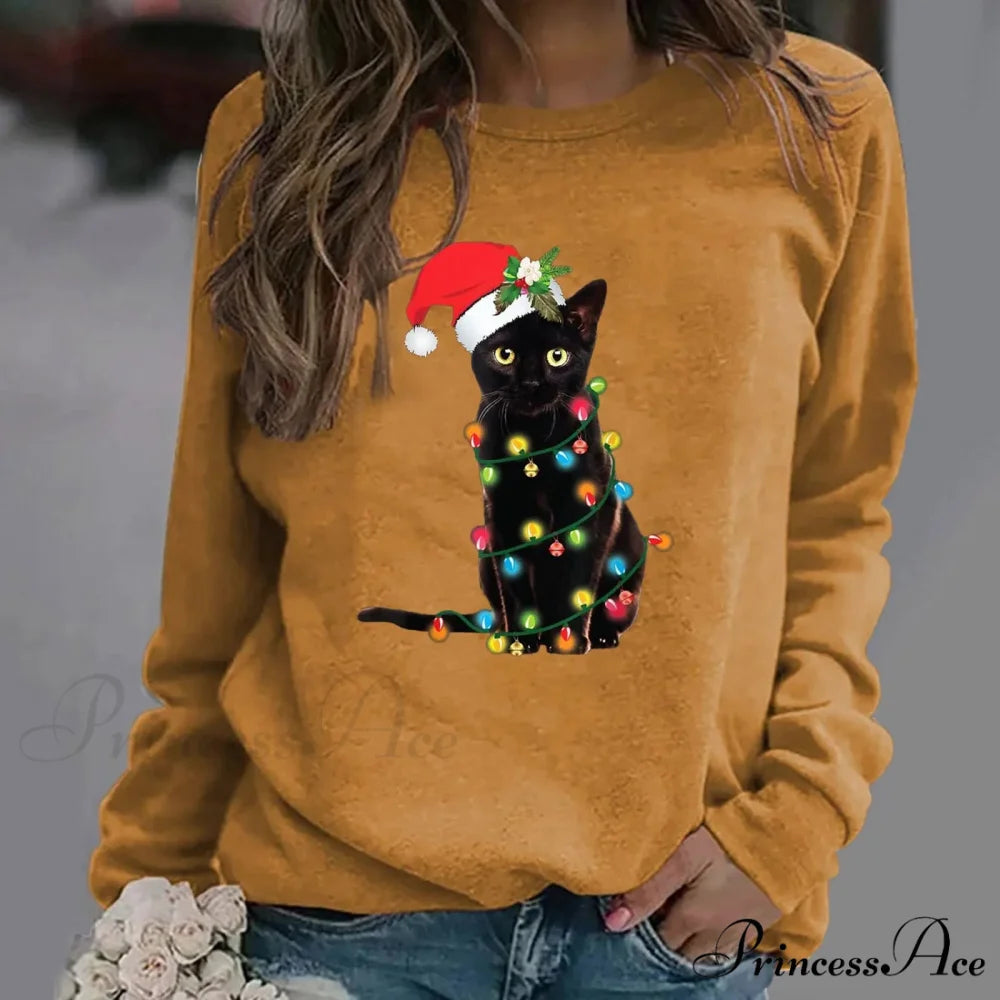 Cartoon Red Hat Black Cat Casual Long-Sleeved Crewneck Christmas Hoodie Khaki / S Christmas Hoodies-L