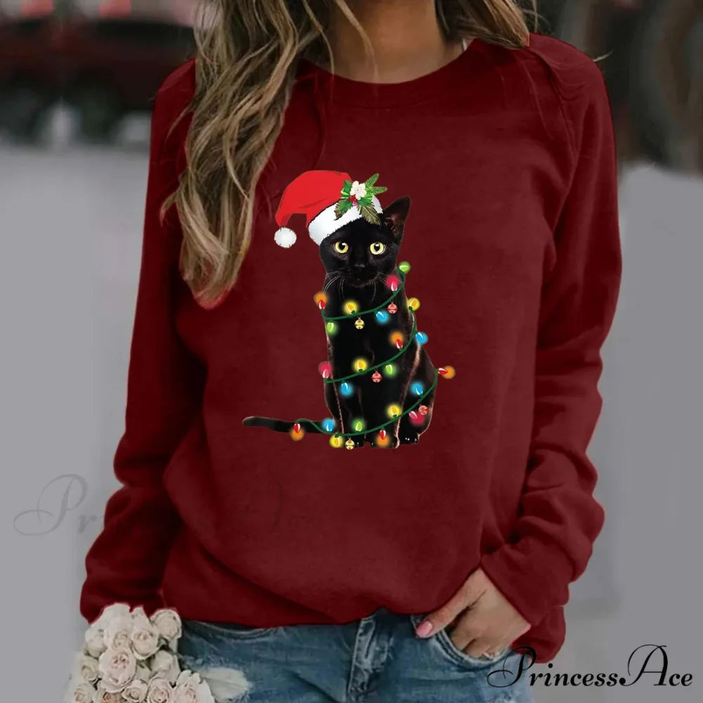 Cartoon Red Hat Black Cat Casual Long-Sleeved Crewneck Christmas Hoodie Red / S Christmas Hoodies-L