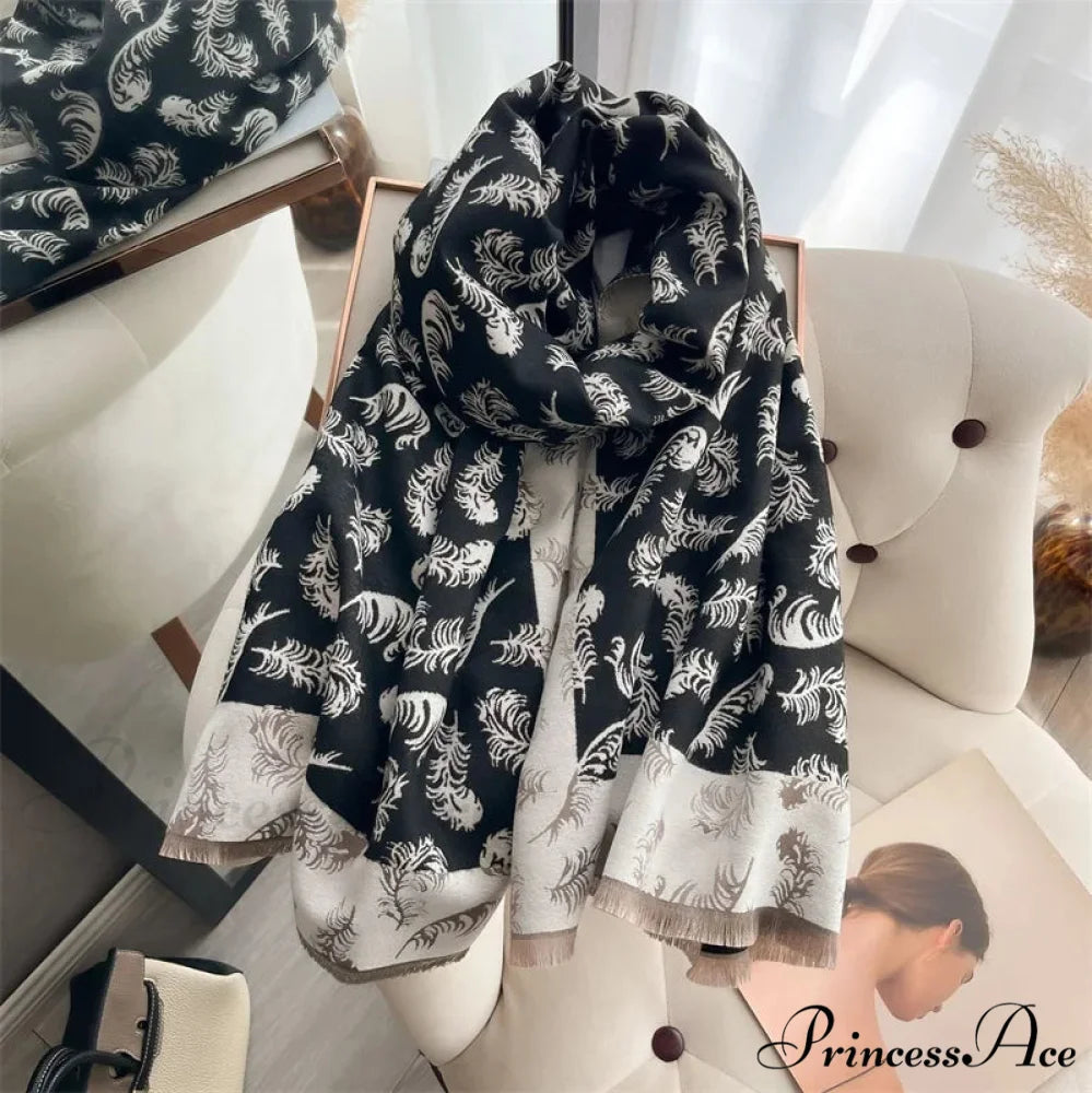 Cashmere Feather Pattern Scarf black 2 scarf-241228