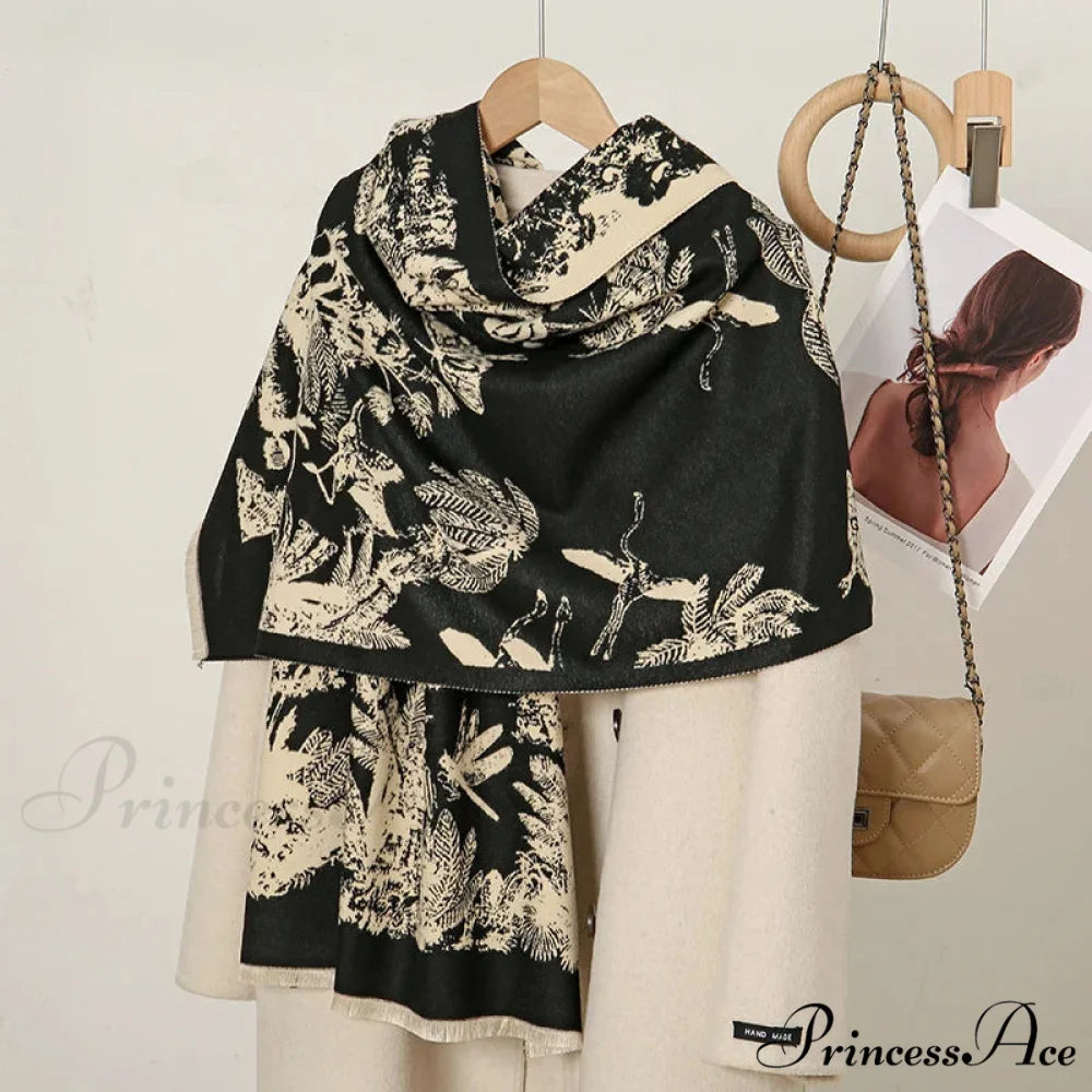 Cashmere Floral Print Winter Blanket Wrap Scarf BLACK