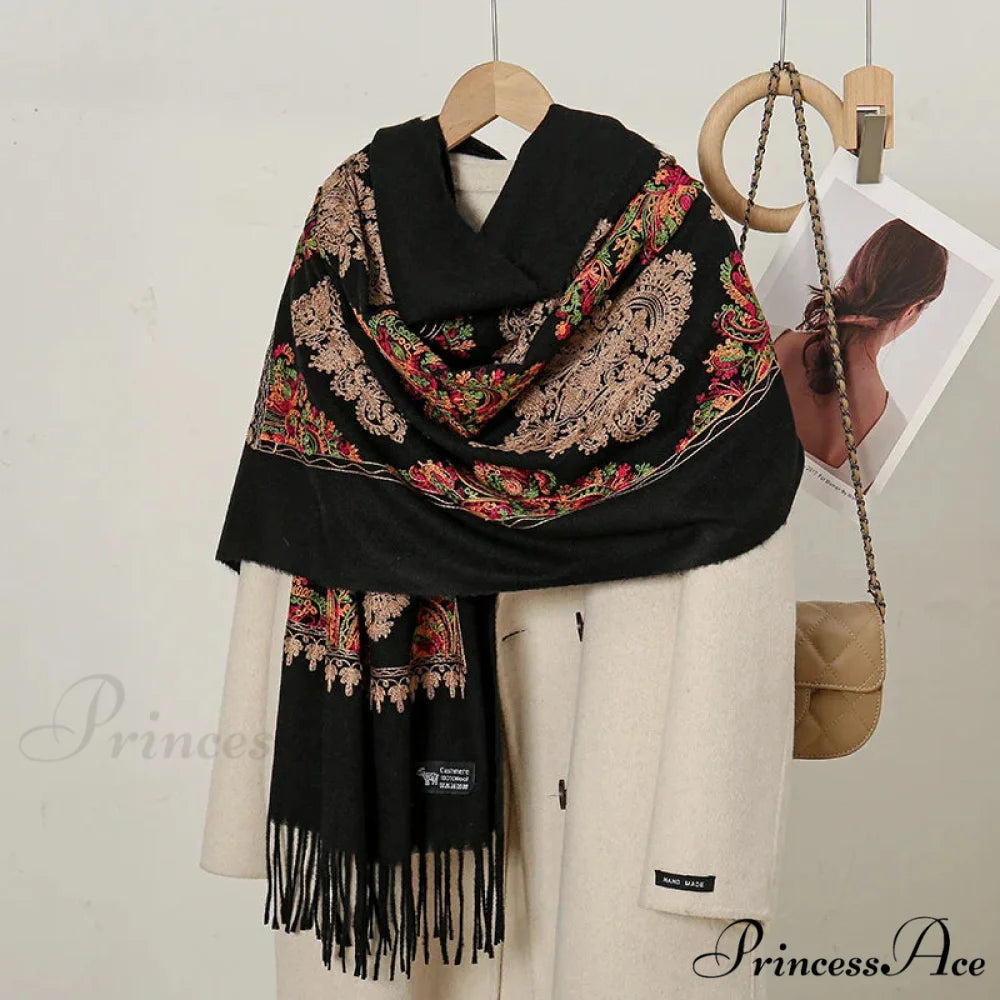Cashmere Floral Print Winter Blanket Wrap Scarf BLACK 2