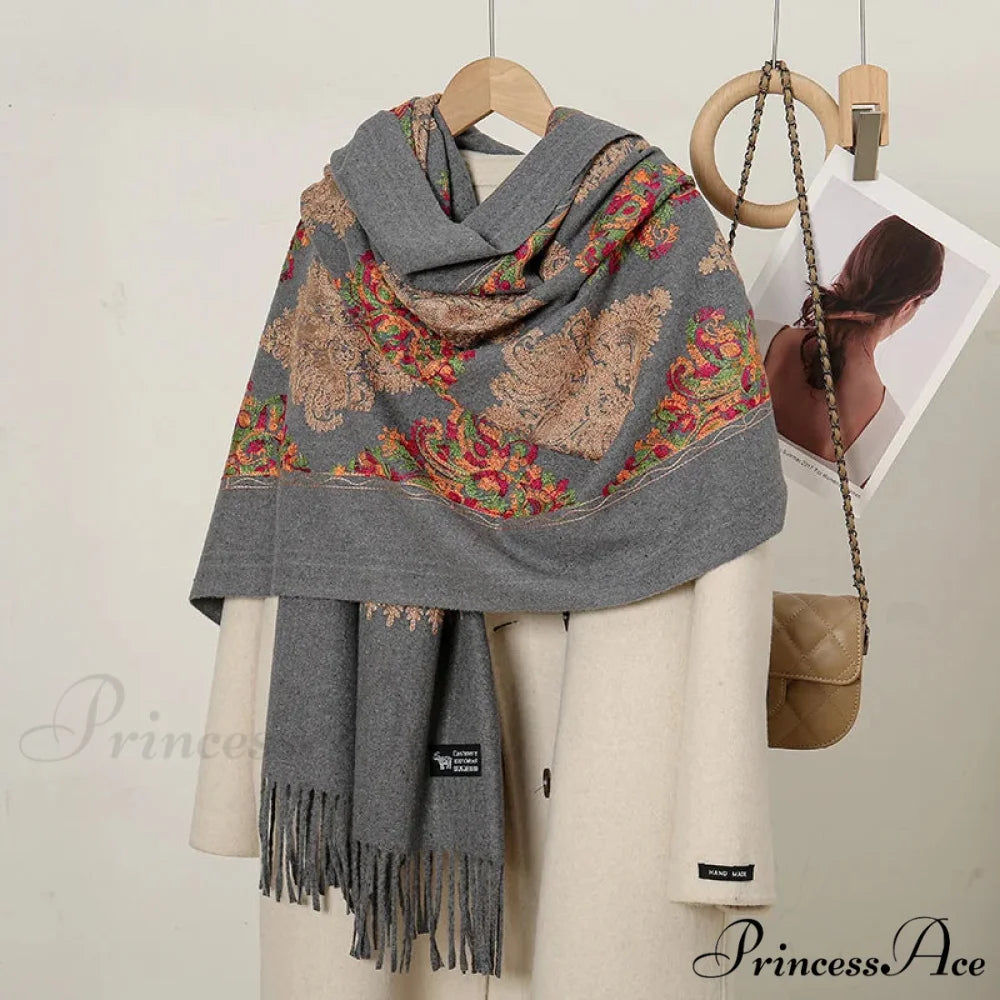 Cashmere Floral Print Winter Blanket Wrap Scarf DARK GREY