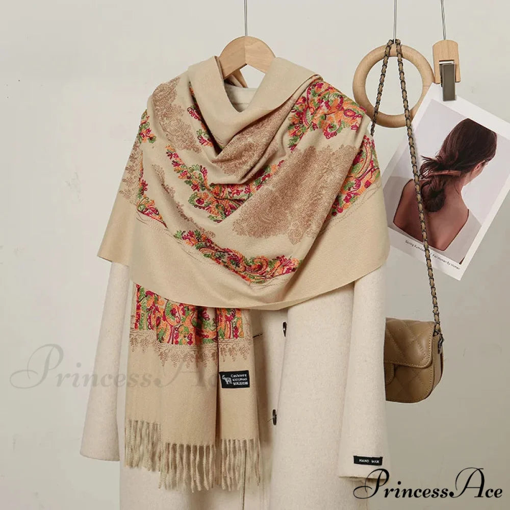 Cashmere Floral Print Winter Blanket Wrap Scarf KHAKI