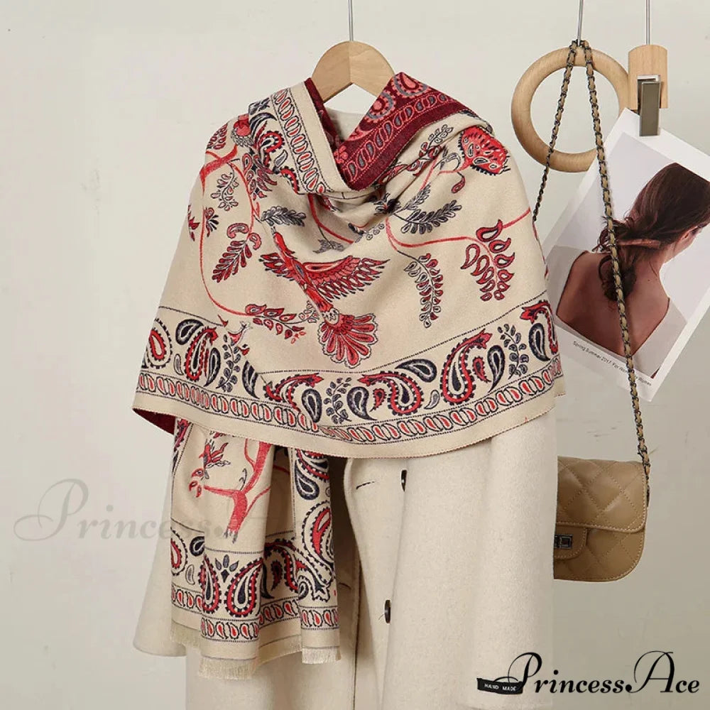 Cashmere Floral Print Winter Blanket Wrap Scarf KHAKI 2