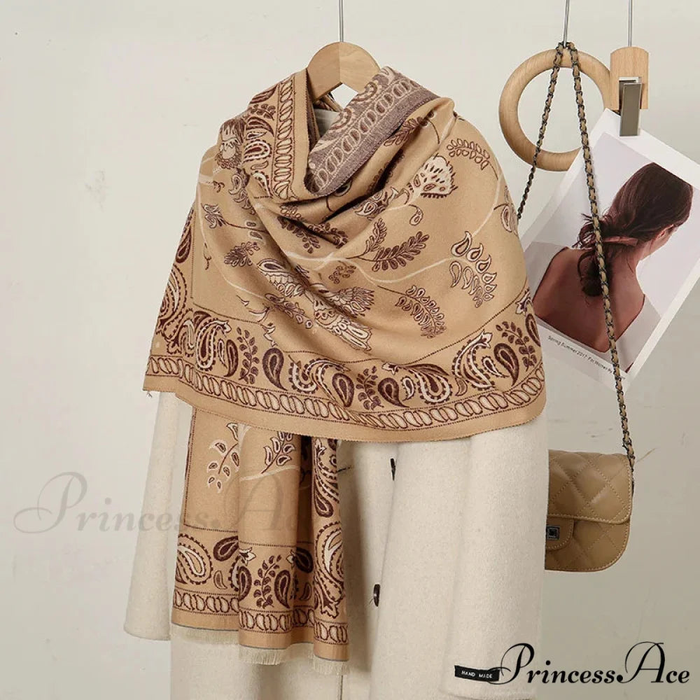 Cashmere Floral Print Winter Blanket Wrap Scarf KHAKI 3