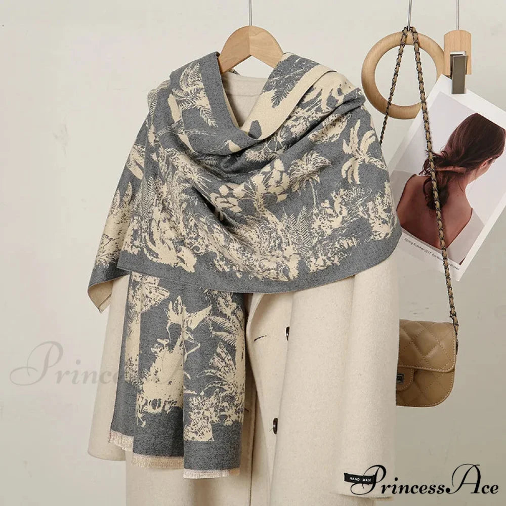Cashmere Floral Print Winter Blanket Wrap Scarf LIGHT GREY