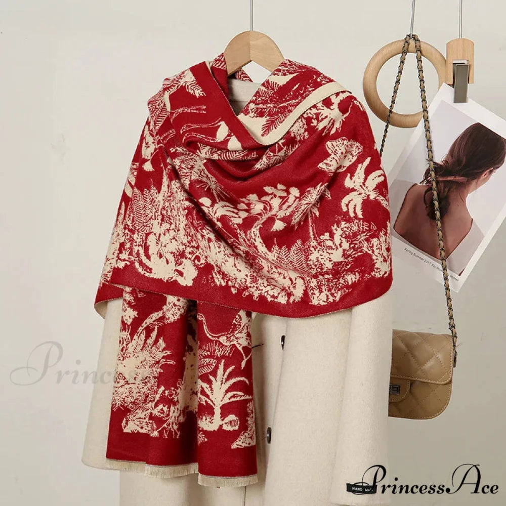 Cashmere Floral Print Winter Blanket Wrap Scarf RED 1