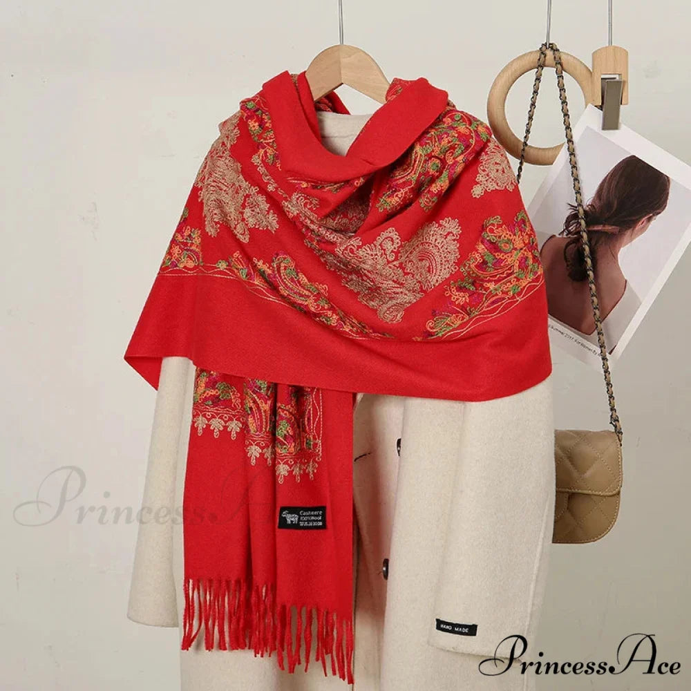 Cashmere Floral Print Winter Blanket Wrap Scarf RED 2