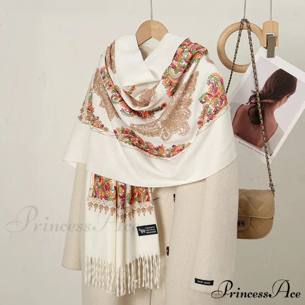Cashmere Floral Print Winter Blanket Wrap Scarf WHITE