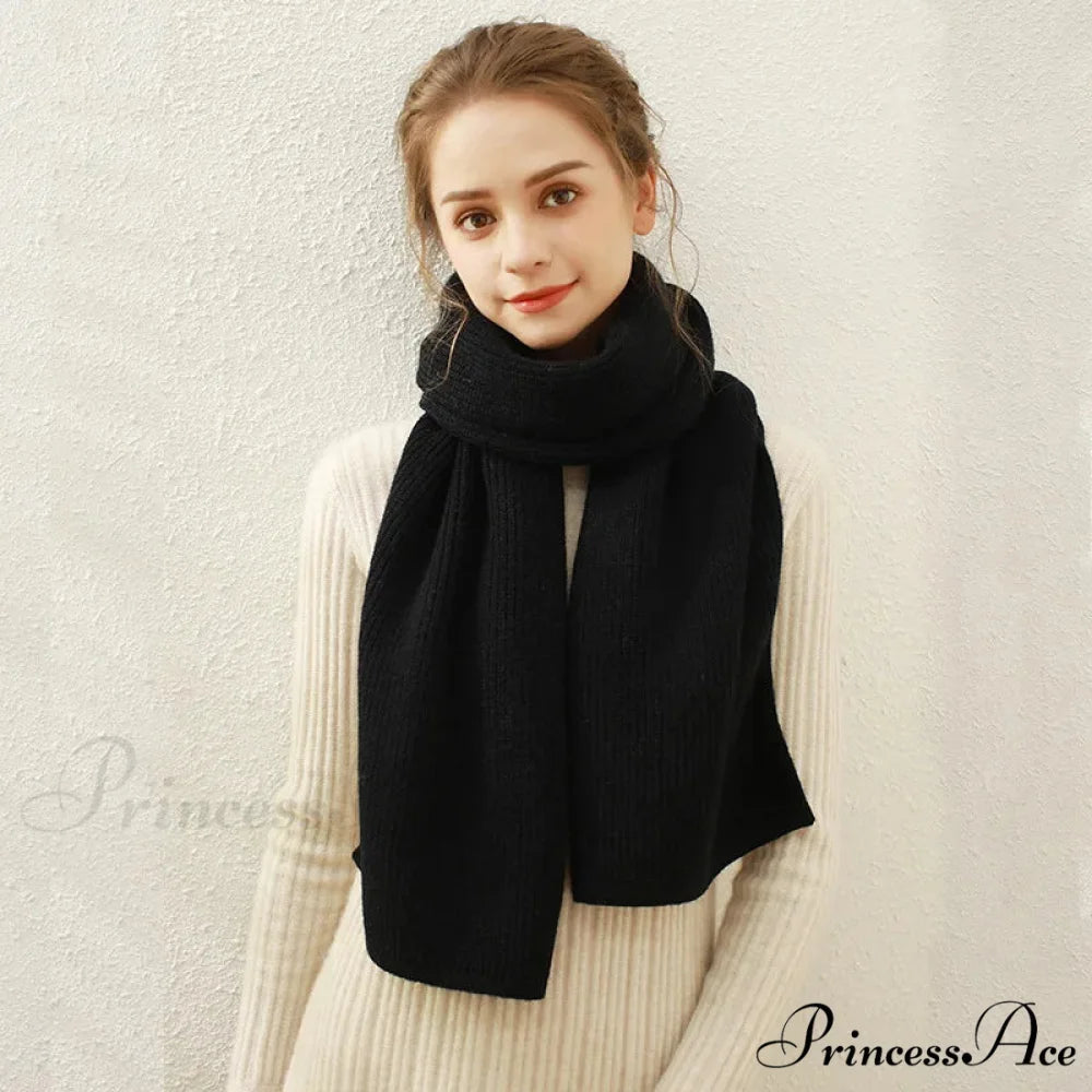 Cashmere Rib Knit Winter Scarf - Long Muffler for Women Black / L170cm W30cm