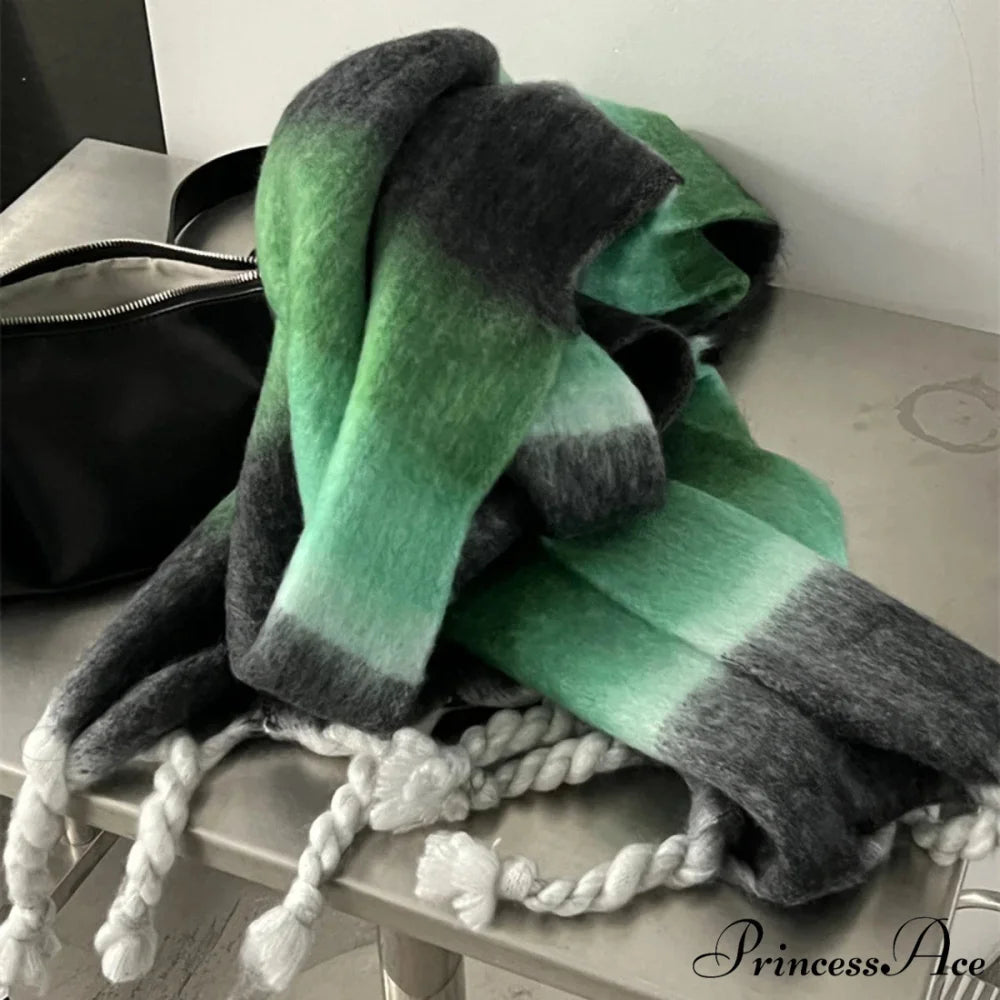 Cashmere Thick Warm Blanket Colorful Plaid with Long Tassels Soft Wrap Scarf GREEN