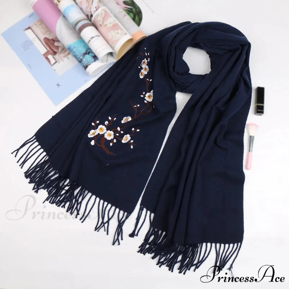 Cashmere Winter Flower Pashmina Shawl with Tassels BLACK