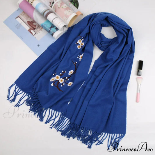 Cashmere Winter Flower Pashmina Shawl with Tassels BLUE