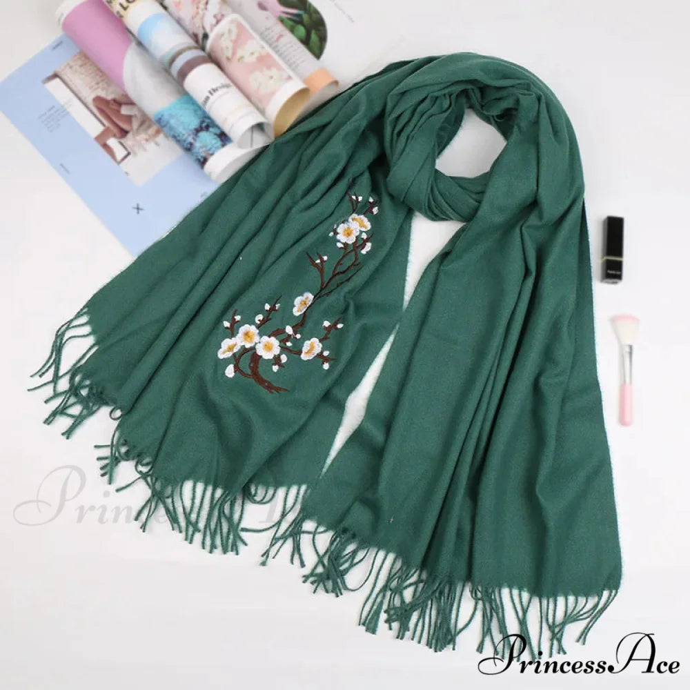 Cashmere Winter Flower Pashmina Shawl with Tassels GREEN