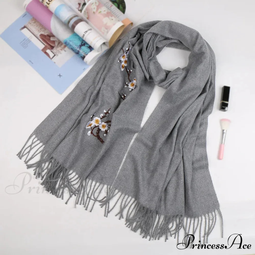 Cashmere Winter Flower Pashmina Shawl with Tassels GREY