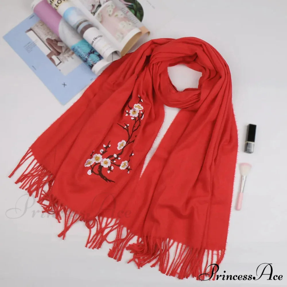 Cashmere Winter Flower Pashmina Shawl with Tassels RED