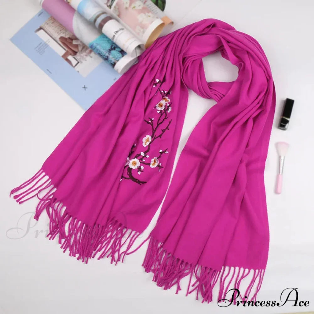 Cashmere Winter Flower Pashmina Shawl with Tassels ROSE RED