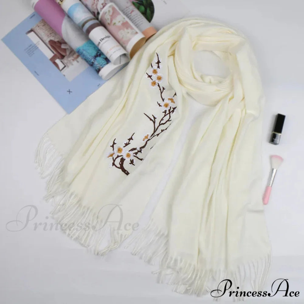 Cashmere Winter Flower Pashmina Shawl with Tassels WHITE