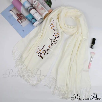 Cashmere Winter Flower Pashmina Shawl with Tassels WHITE
