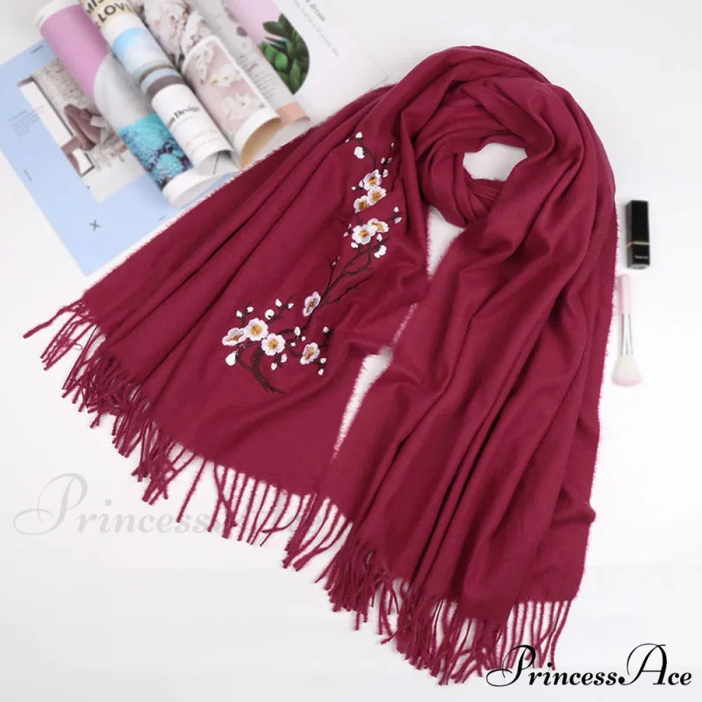 Cashmere Winter Flower Pashmina Shawl with Tassels WINE RED