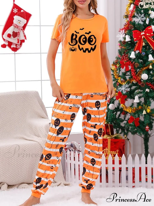 Casual Arm Letter T-shirt Pant Pajama Breathable Home Women’s Black Brief Tee Animal Fall Neck Christmas Crew Set