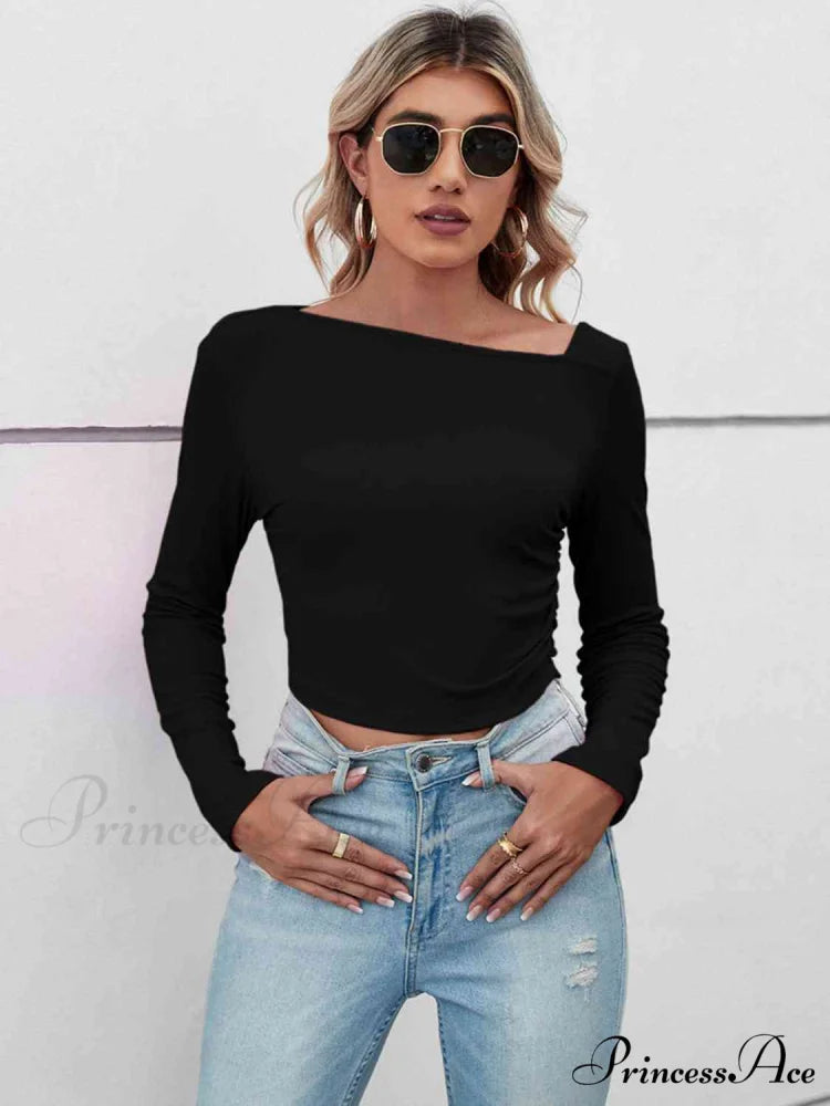 Casual Arm Neck Long Top Basic Asymmetrical T-Shirt Black / S