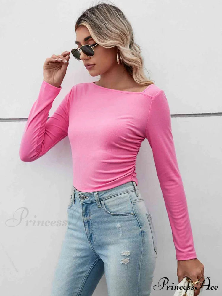 Casual Arm Neck Long Top Basic Asymmetrical T-Shirt Hot Pink / S