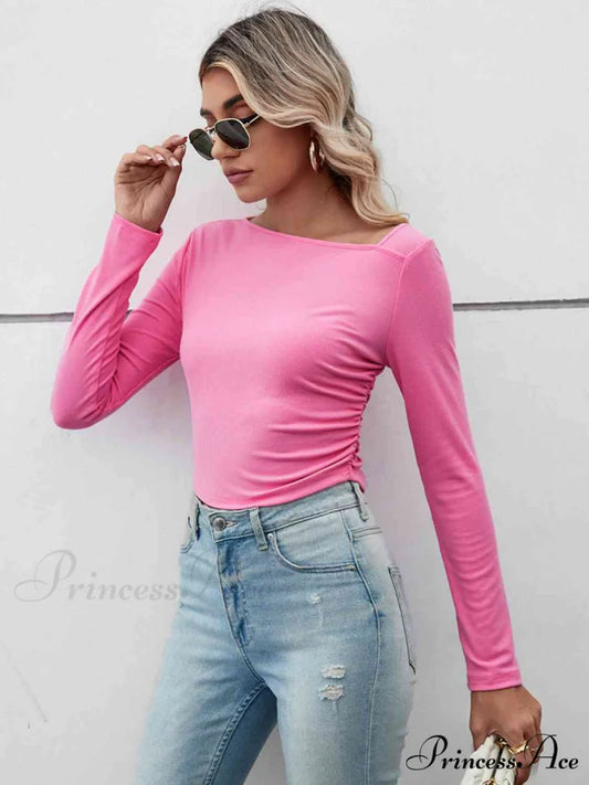 Casual Arm Neck Long Top Basic Asymmetrical T-Shirt Hot Pink / S