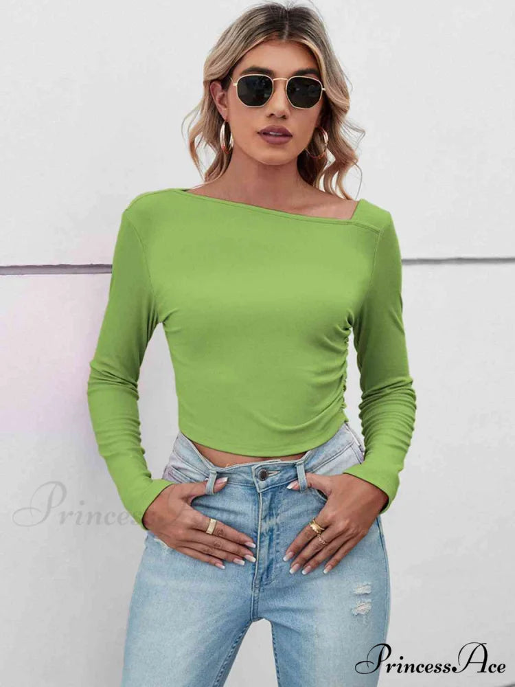 Casual Arm Neck Long Top Basic Asymmetrical T-Shirt Mint Green / S