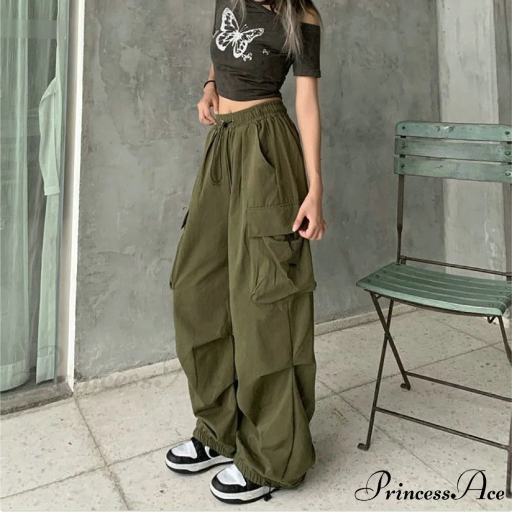 Casual Baggy Straight Wide Leg Pockets Joggers Trousers Army Green / S
