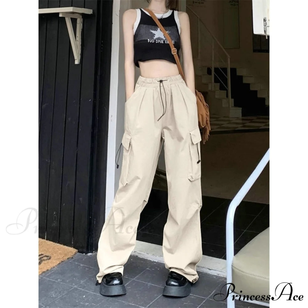 Casual Baggy Straight Wide Leg Pockets Joggers Trousers khaki / S