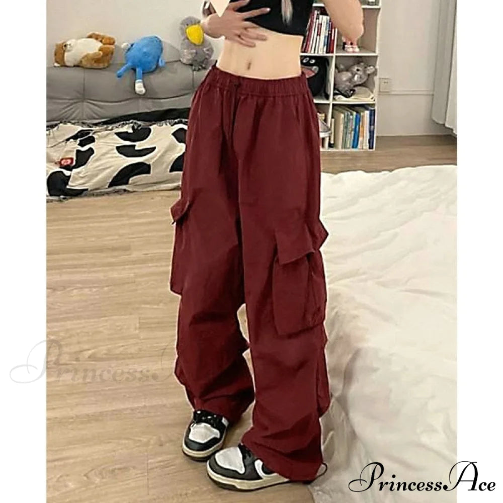 Casual Baggy Straight Wide Leg Pockets Joggers Trousers Red / S