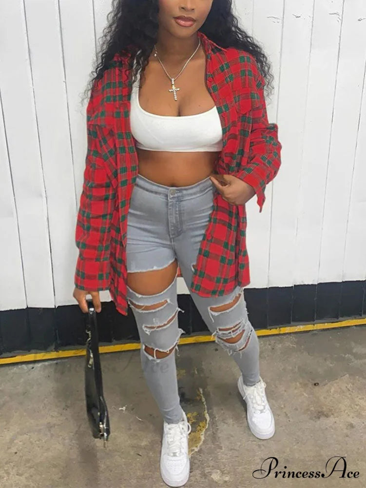 Casual Charming Plaid Pants Red / S