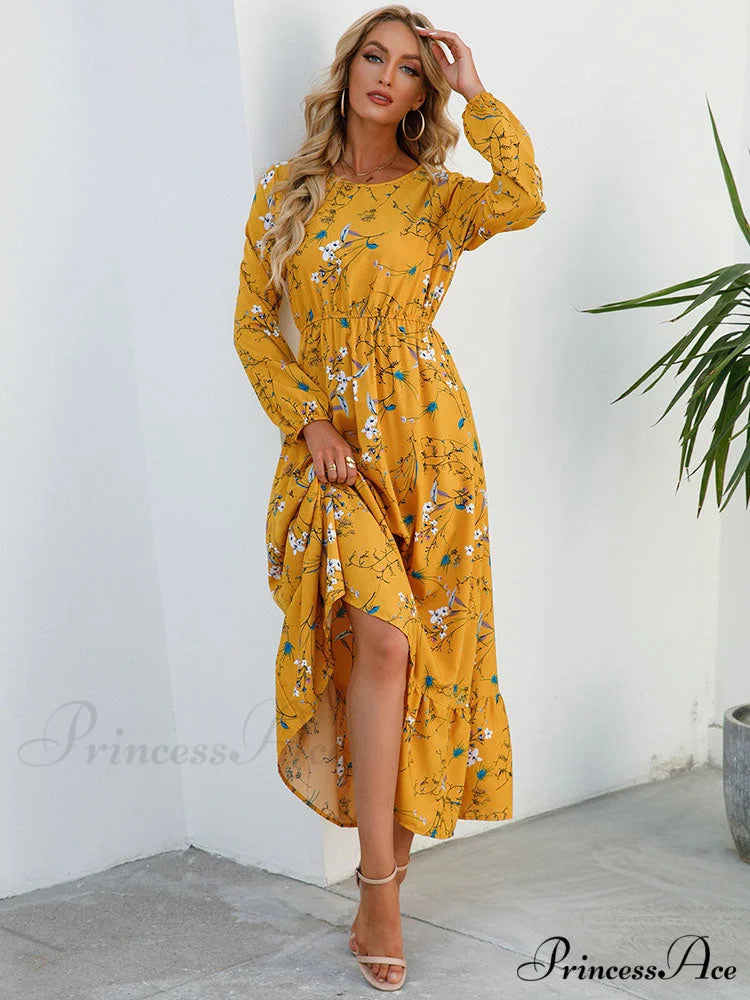 Casual Coastal Long Bohemian Flowered Dress S / BLUE