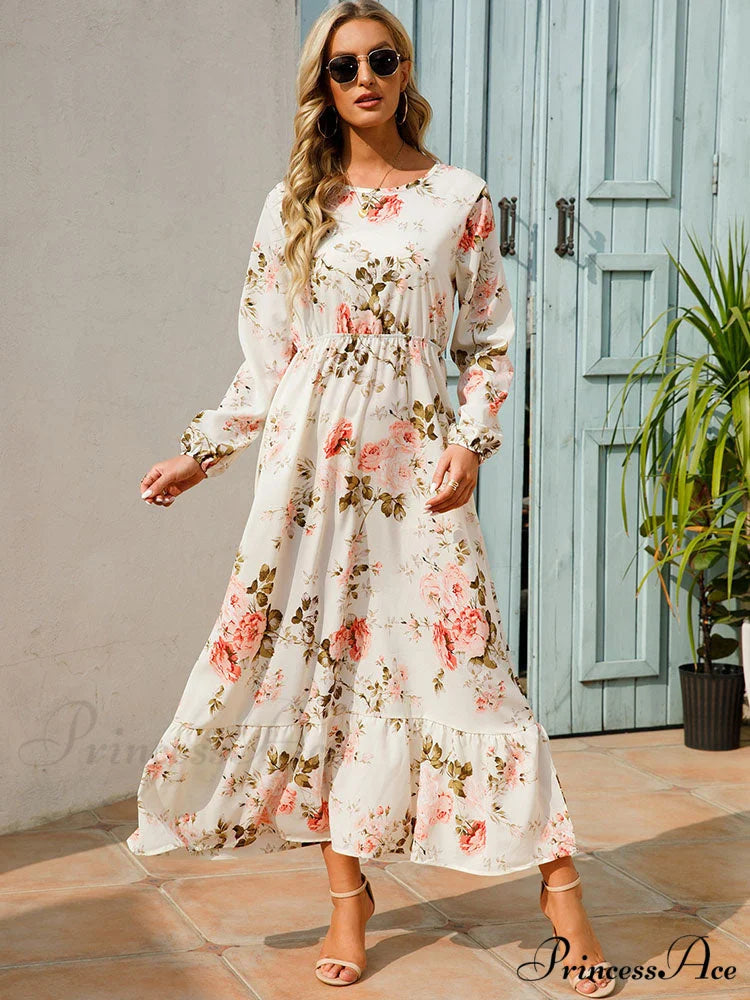 Casual Coastal Long Bohemian Flowered Dress S / WHITE