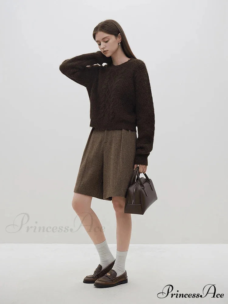 Casual Comfortable Round Neck Red Knitted Christmas Sweater for Women Dark Brown / S