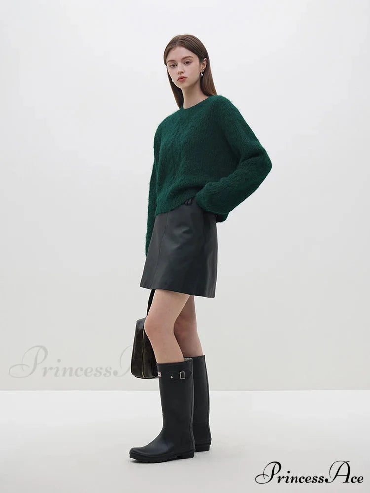 Casual Comfortable Round Neck Red Knitted Christmas Sweater for Women Dark Green / S