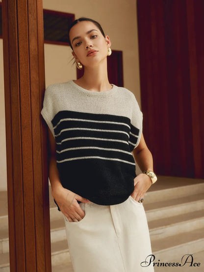 Casual Cotton Blends Trendy Striped Knit Top Khaki / XS