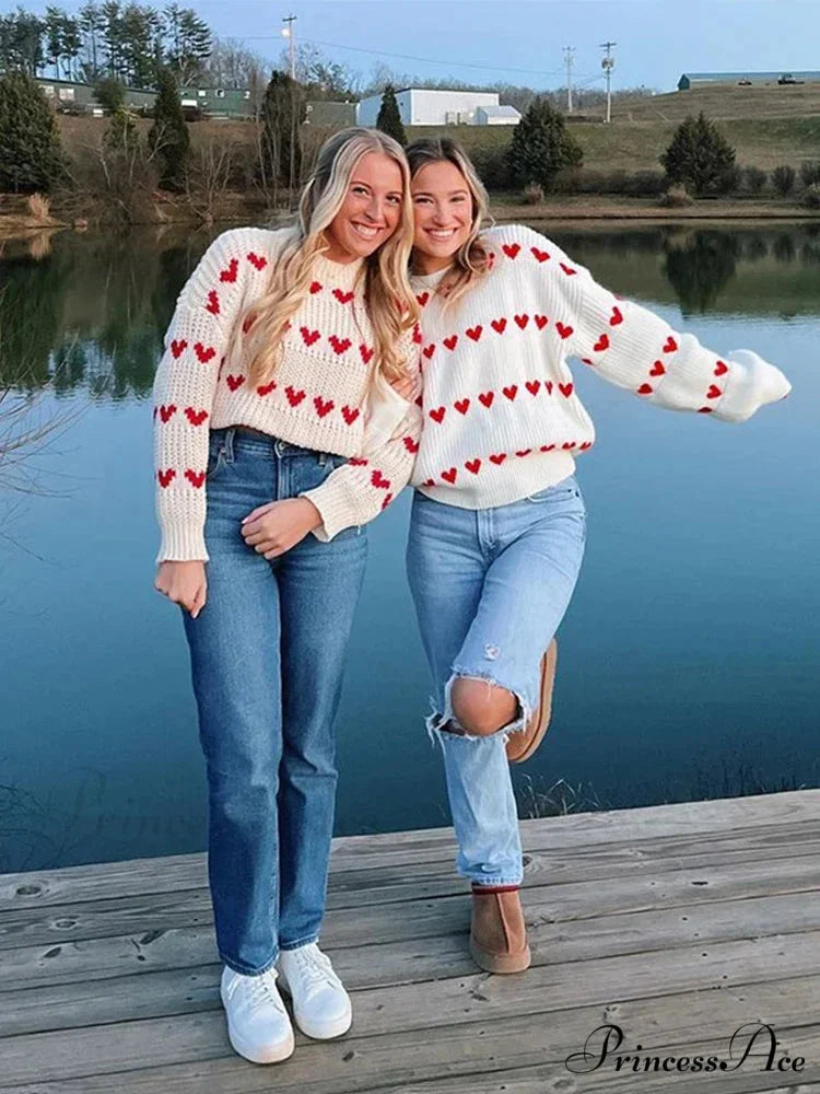 Casual Cozy Heart Print Loose O-neck Long Sleeve Stylish Warm Sweater