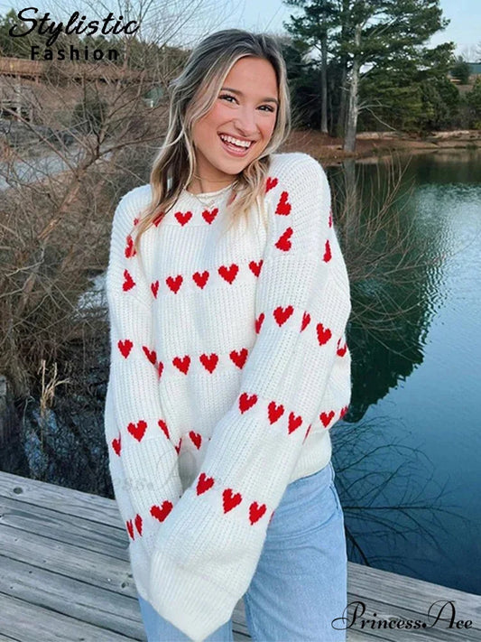 Casual Cozy Heart Print Loose O-neck Long Sleeve Stylish Warm Sweater
