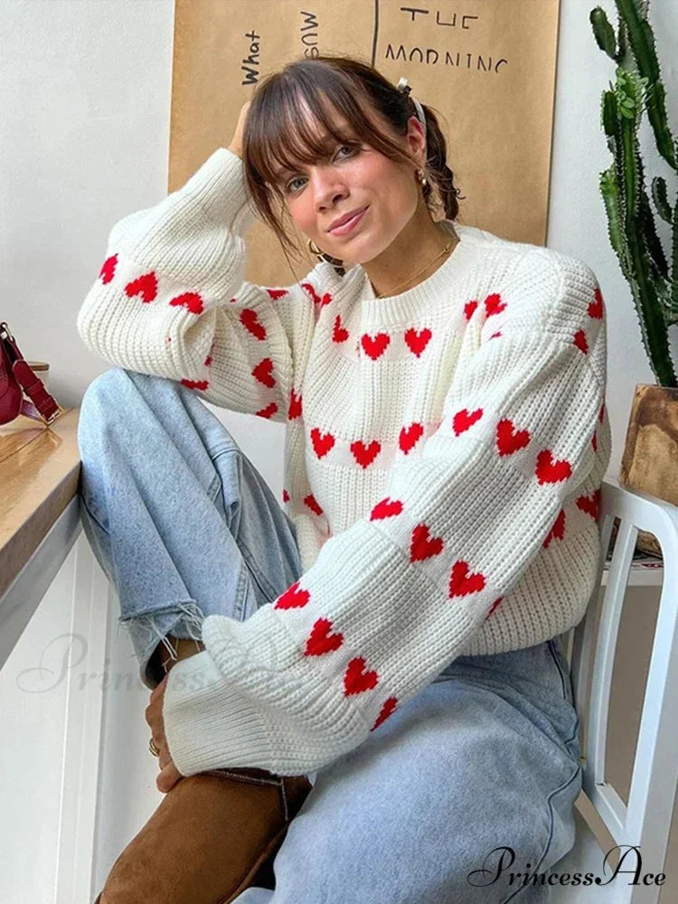 Casual Cozy Heart Print Loose O-neck Long Sleeve Stylish Warm Sweater
