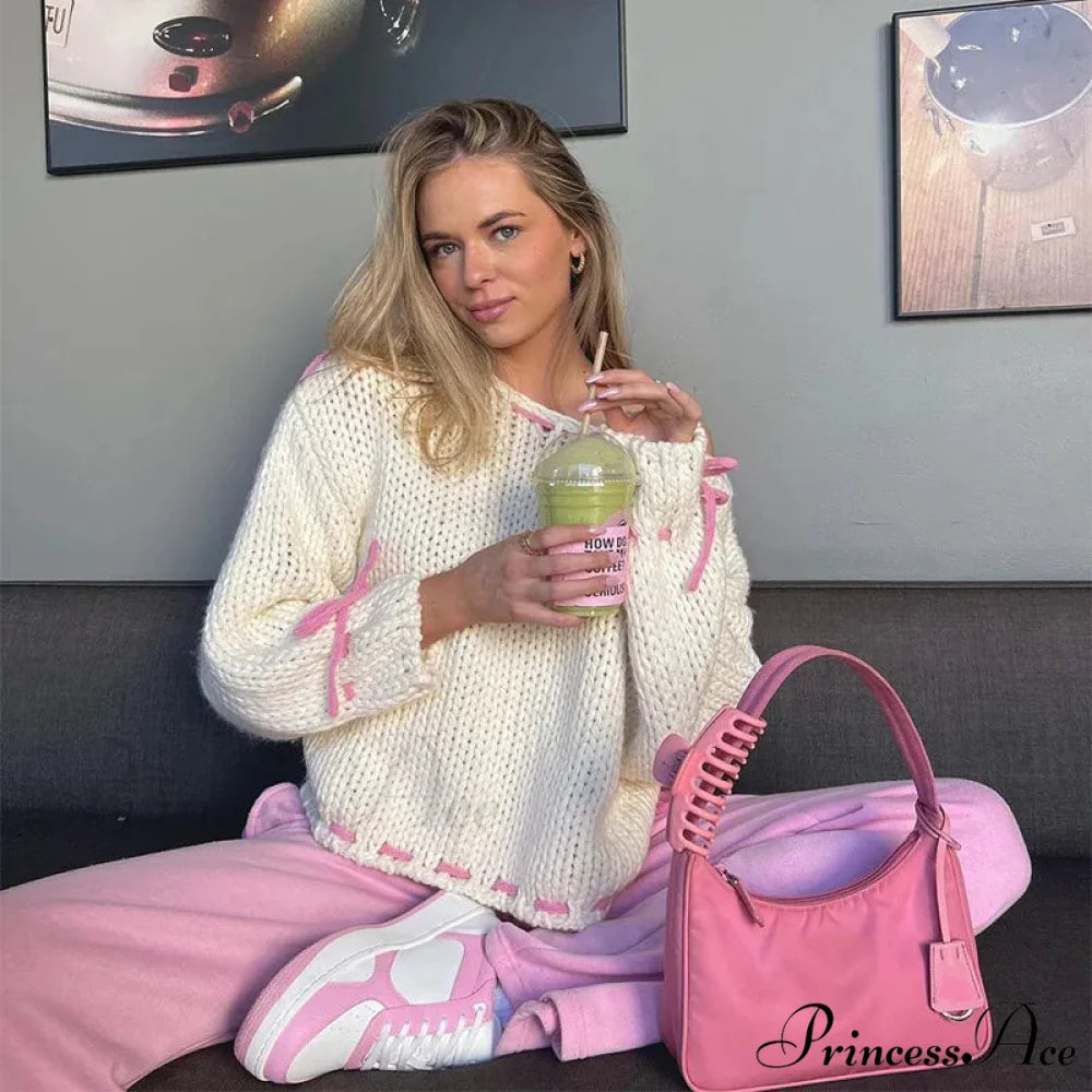 Casual Cozy Heart Print Loose O-neck Long Sleeve Stylish Warm Sweater BEIGE / S