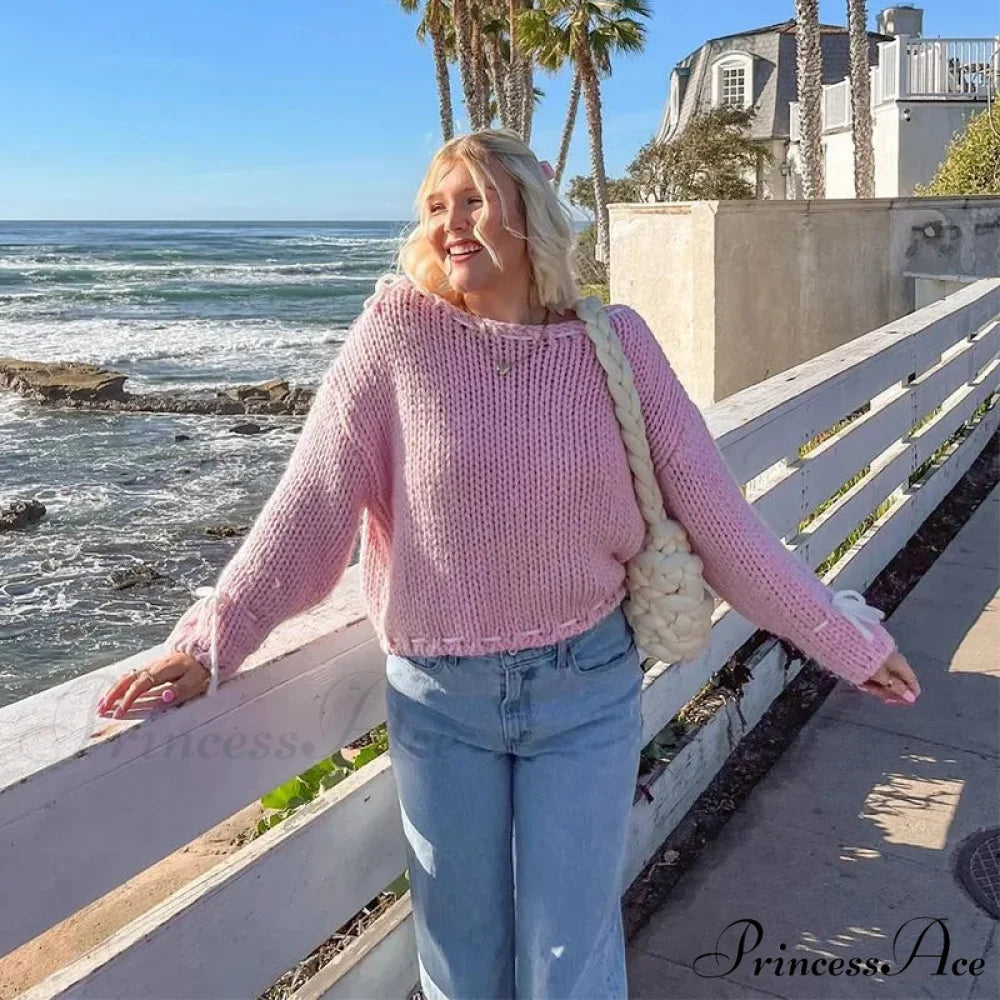 Casual Cozy Heart Print Loose O-neck Long Sleeve Stylish Warm Sweater PINK / S