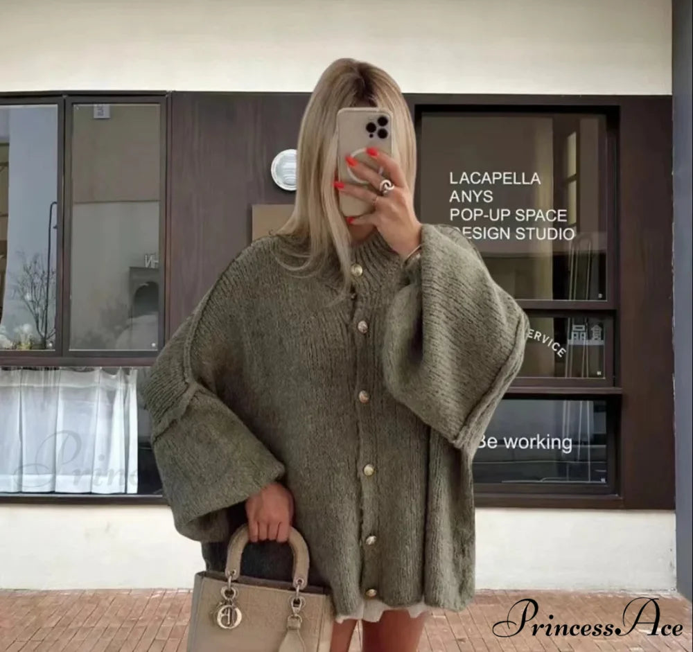 Casual Cozy Loose O-neck Elegant Solid Comfortable Lantern Sleeve Stylish Sweater GREEN / S