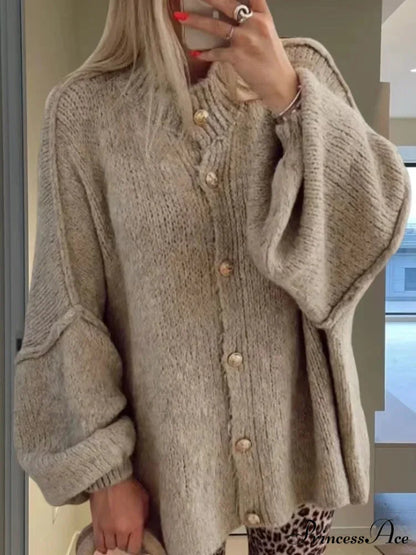 Casual Cozy Loose O-neck Elegant Solid Comfortable Lantern Sleeve Stylish Sweater Khaki / S