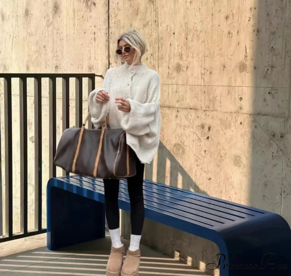 Casual Cozy Loose O-neck Elegant Solid Comfortable Lantern Sleeve Stylish Sweater WHITE / S