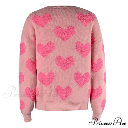 Casual Cozy Loose Pink Heart Pattern Comfortable Long Sleeve Fashionable Sweater